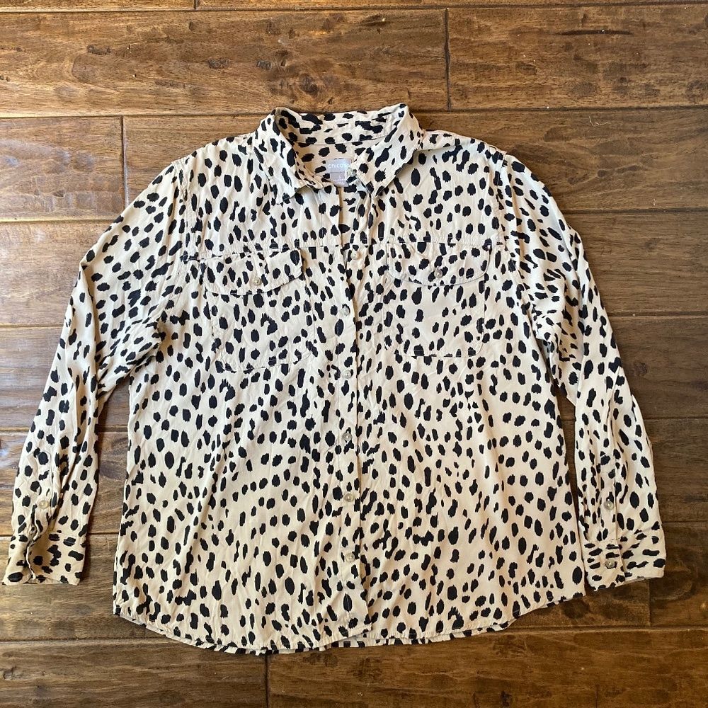 Chico's Silky Soft Dotted Cheetah Utility Shirt Sz 3 US XL 16-18 Modal Blend